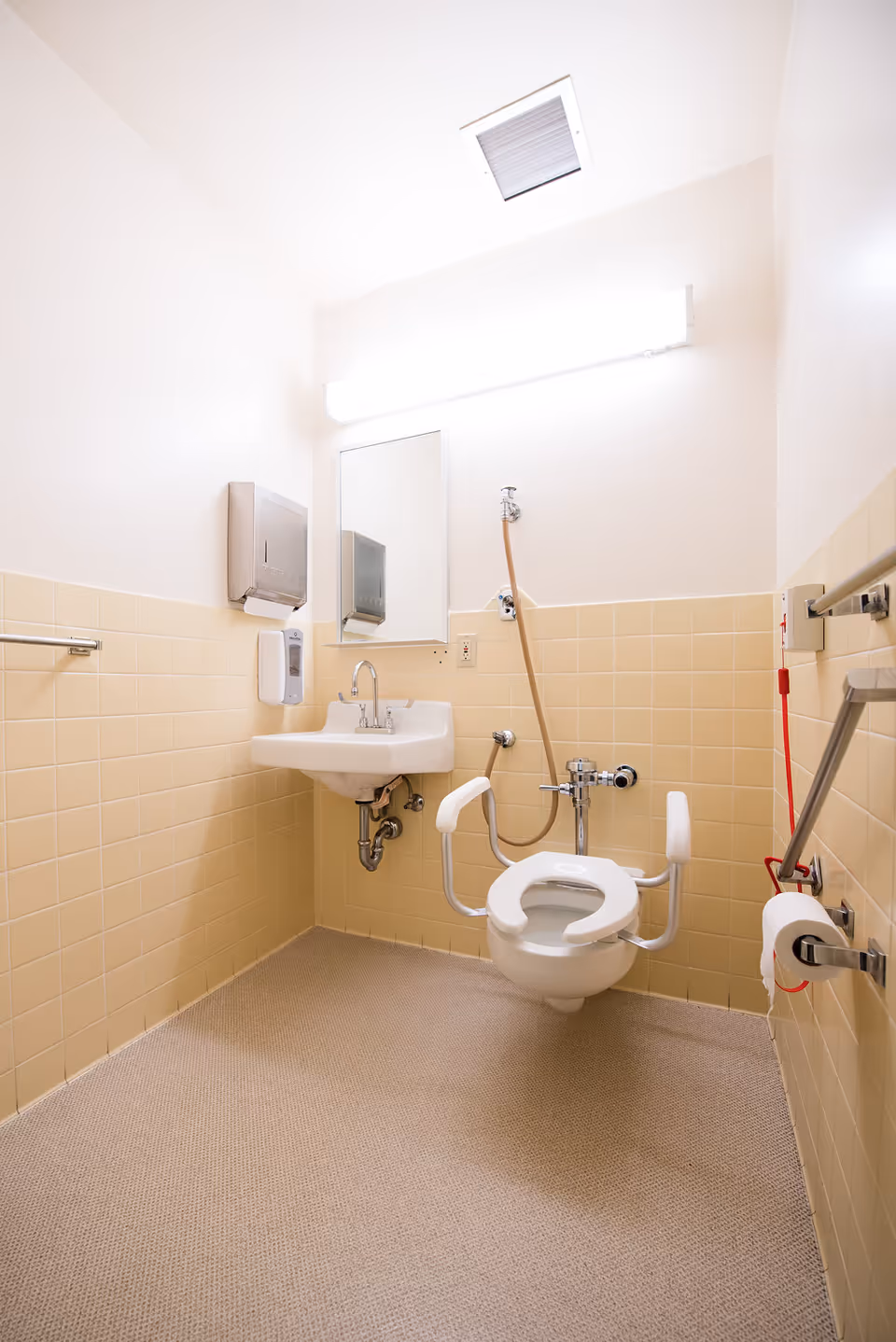 Accessible bathroom with sink, mirror, soap dispenser, and a toilet with support rails.