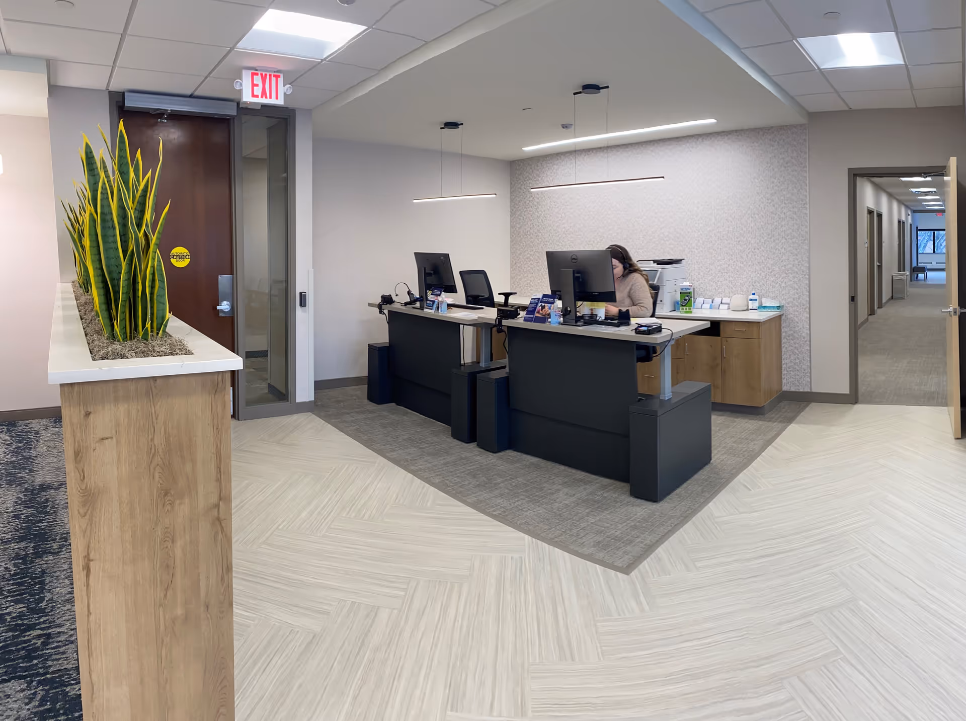 Reception area with two desks, computers, a receptionist, planter, and hallway.