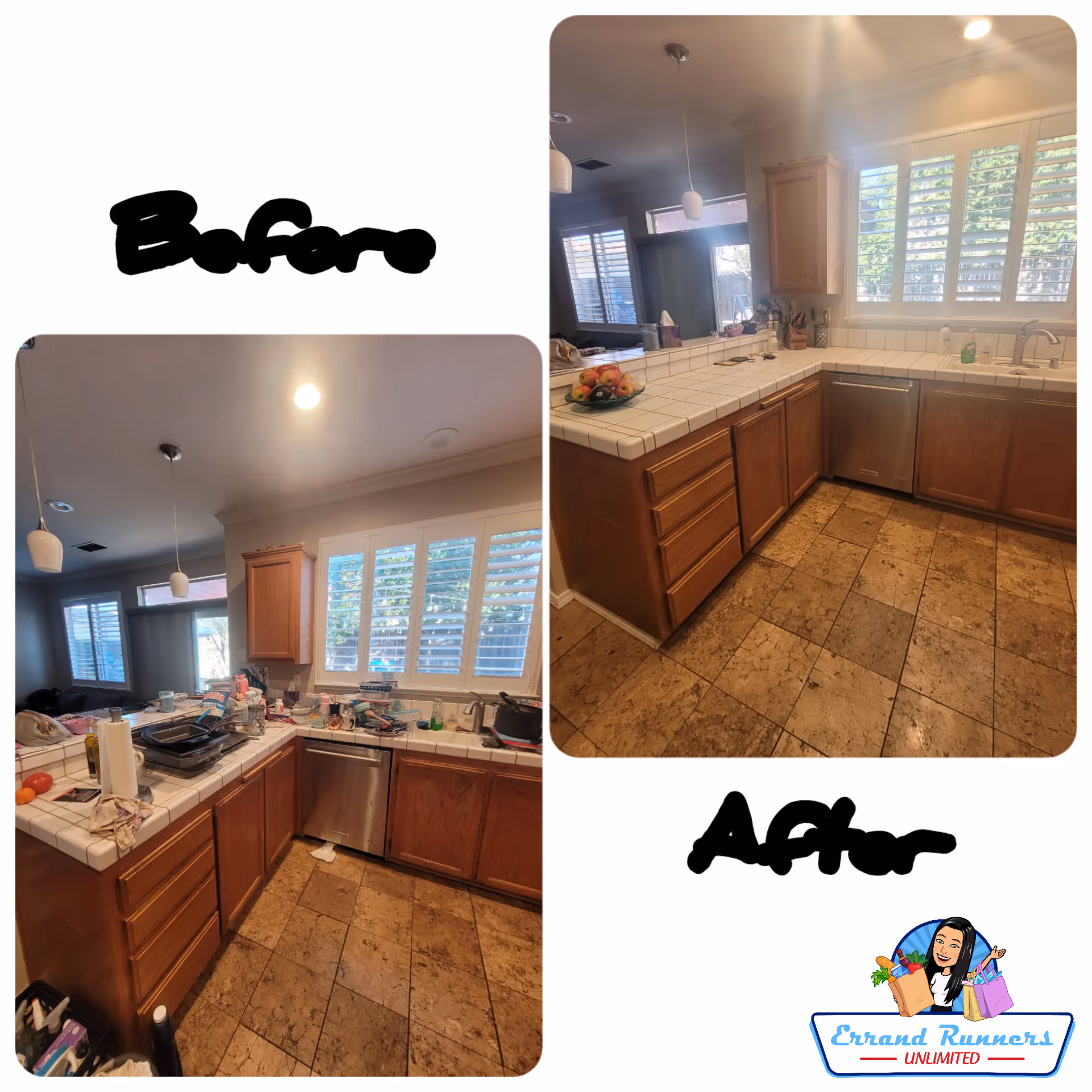 Split-layout kitchen with wooden cabinets, tile countertops, and a dishwasher, showing before-and-after collage.