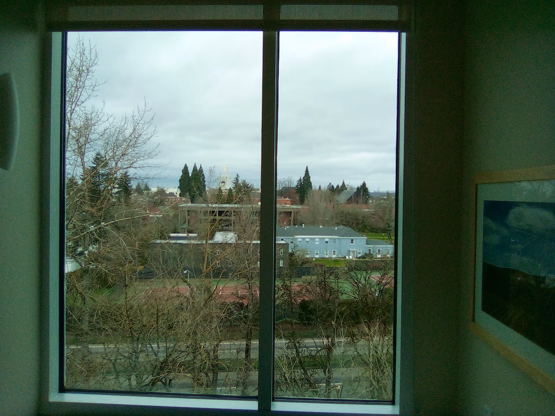 Inside a room, a large window reveals leafless trees and buildings under a cloudy sky.