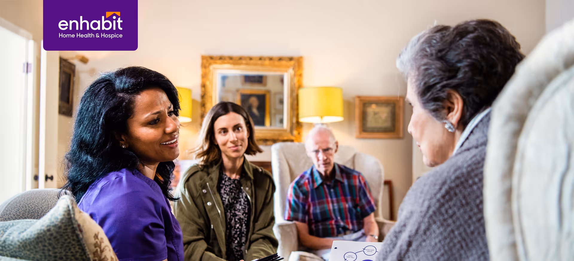 Staff and residents sit together in a comfortable living room, engaging in conversation.