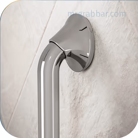 Close-up of a gray wall-mounted grab bar in a bathroom.