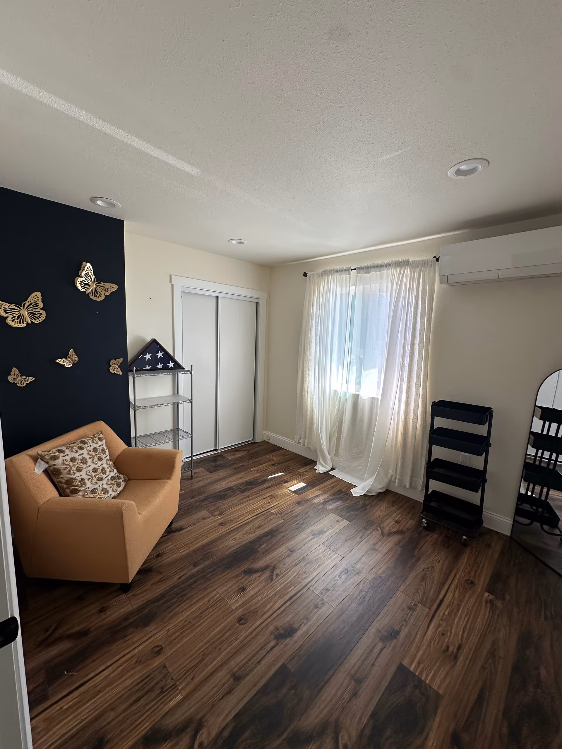 Cozy senior living room with peach chair, butterfly wall decor, sheer curtains, and a storage cart