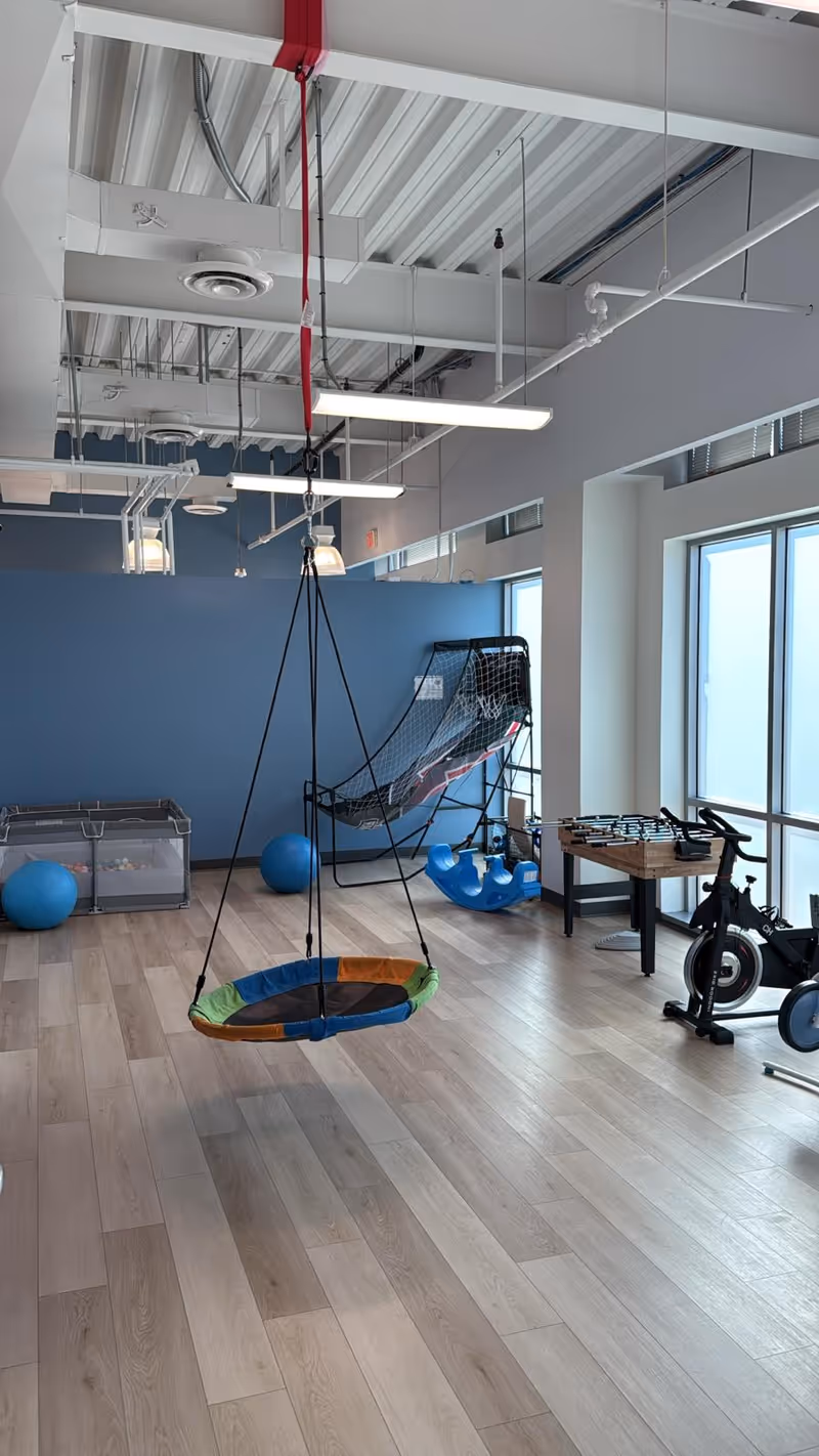 Indoor therapy room with a suspended circular rainbow-colored swing, exercise bikes, and a climbing net.