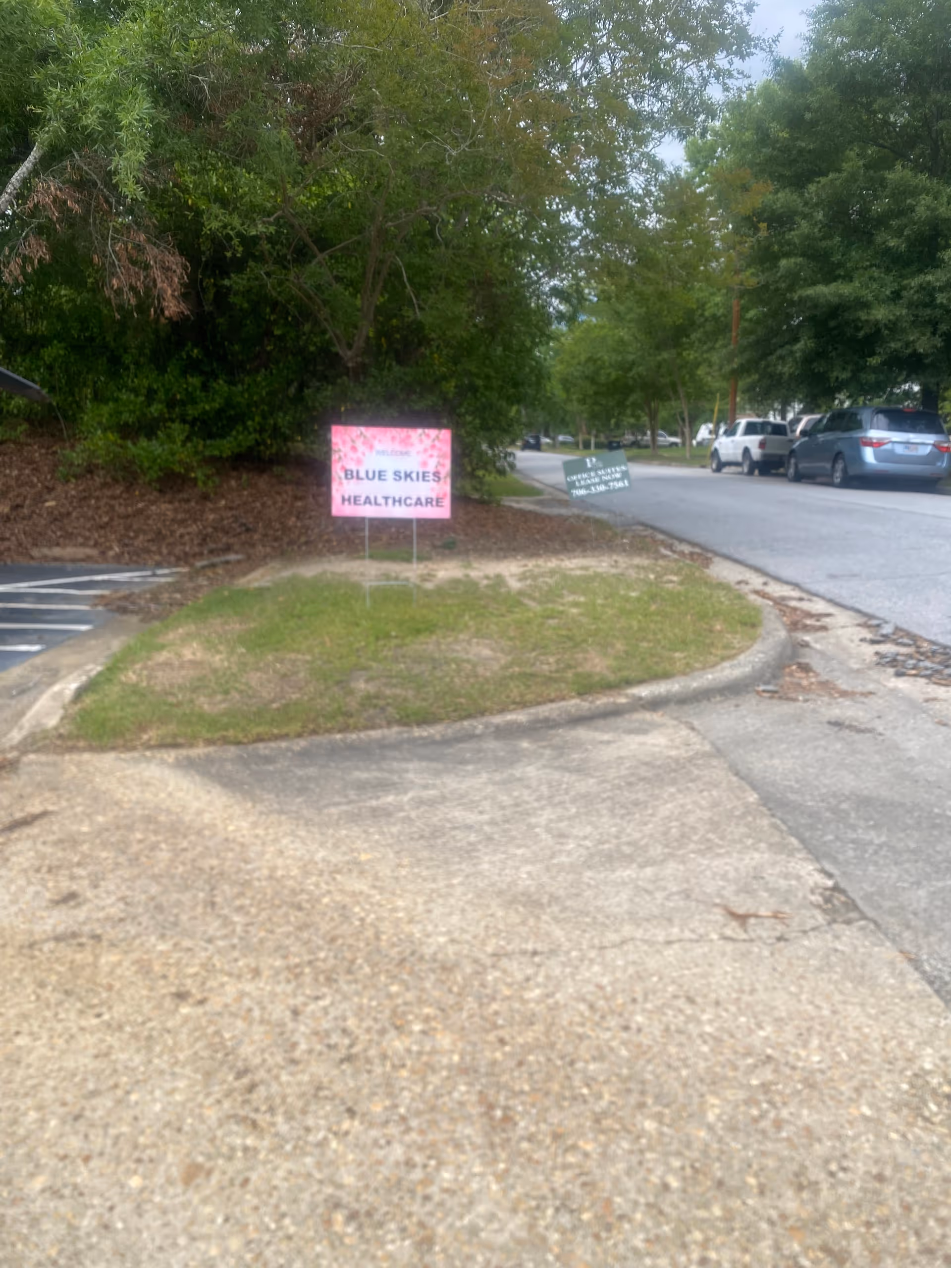 Pink sign reading Blue Skies Healthcare LLC on grassy island beside a road