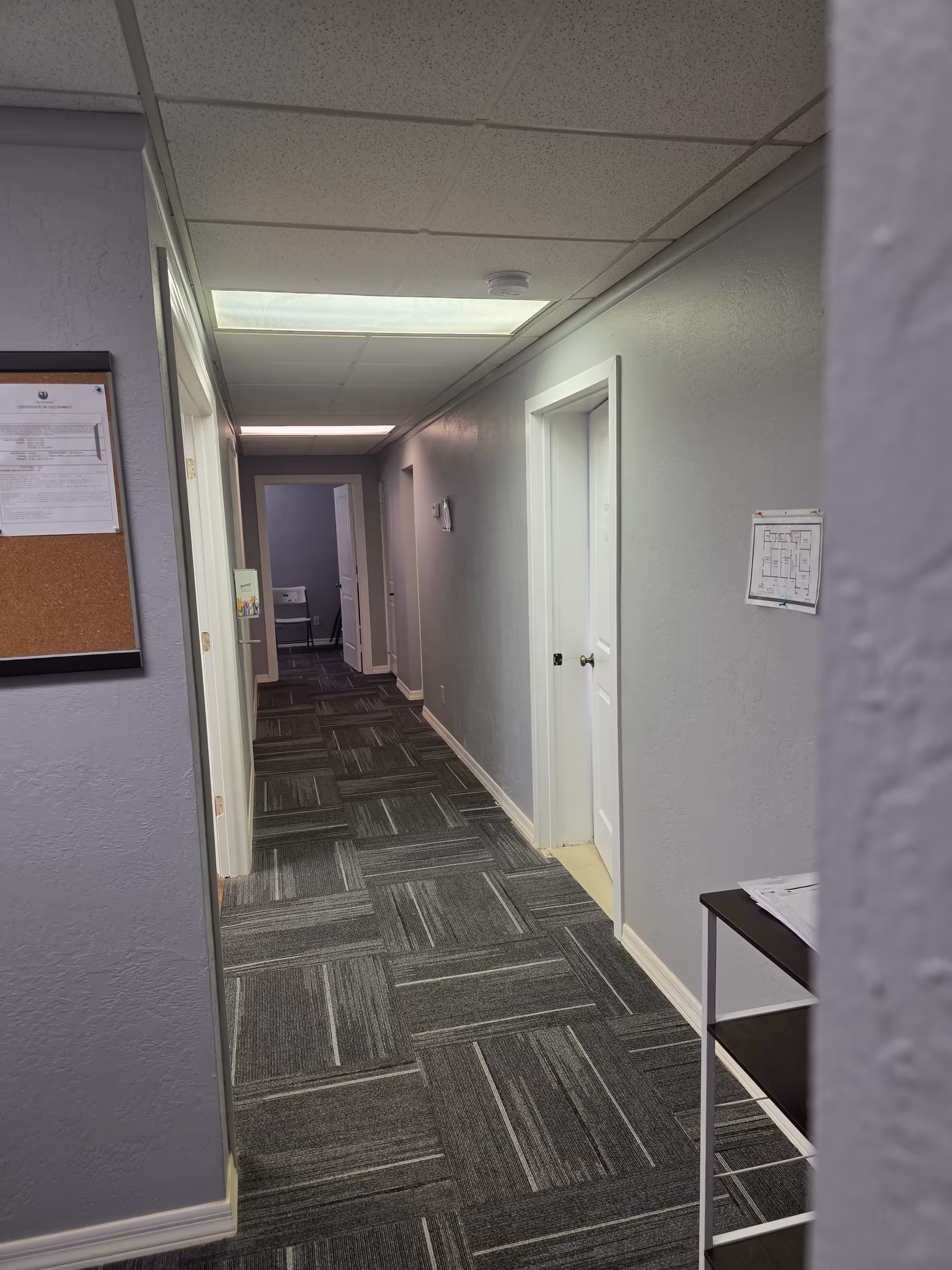 Long, grey-carpeted hallway in OSWALD HOMECARE LLC with closed doors along both sides.
