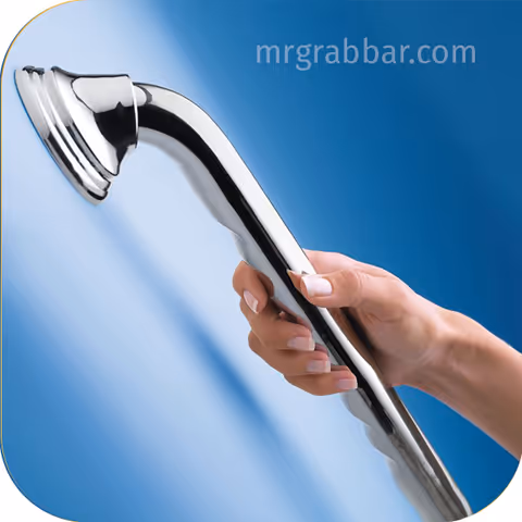 Close-up of a hand holding a chrome shower head against a blue background.