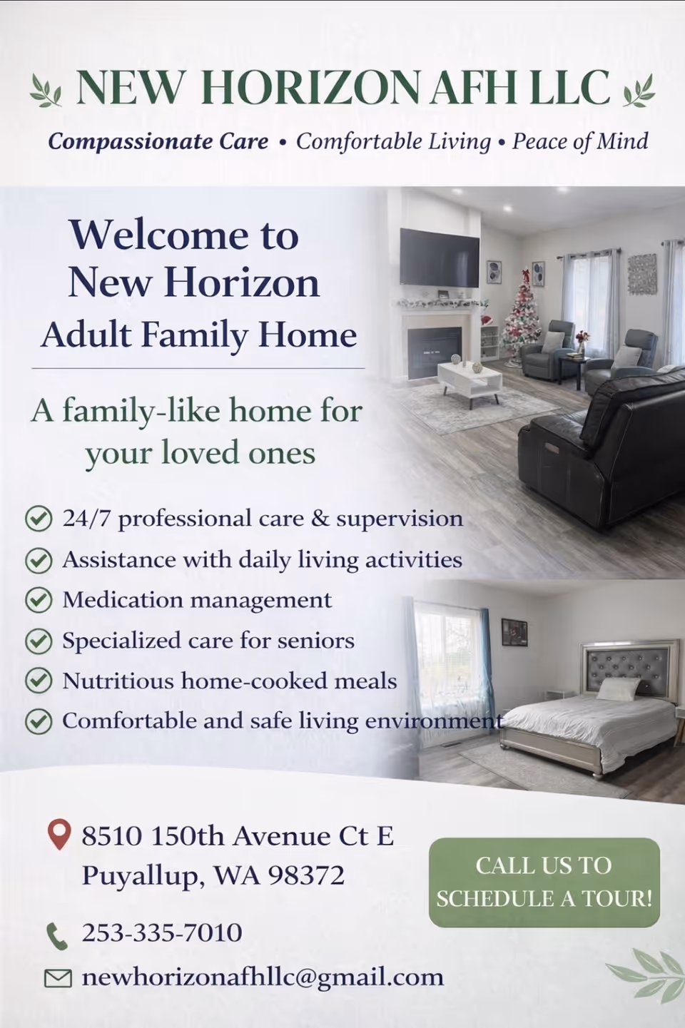Advertisement flyer for New Horizon AFH LLC featuring a living room and bedroom interiors.