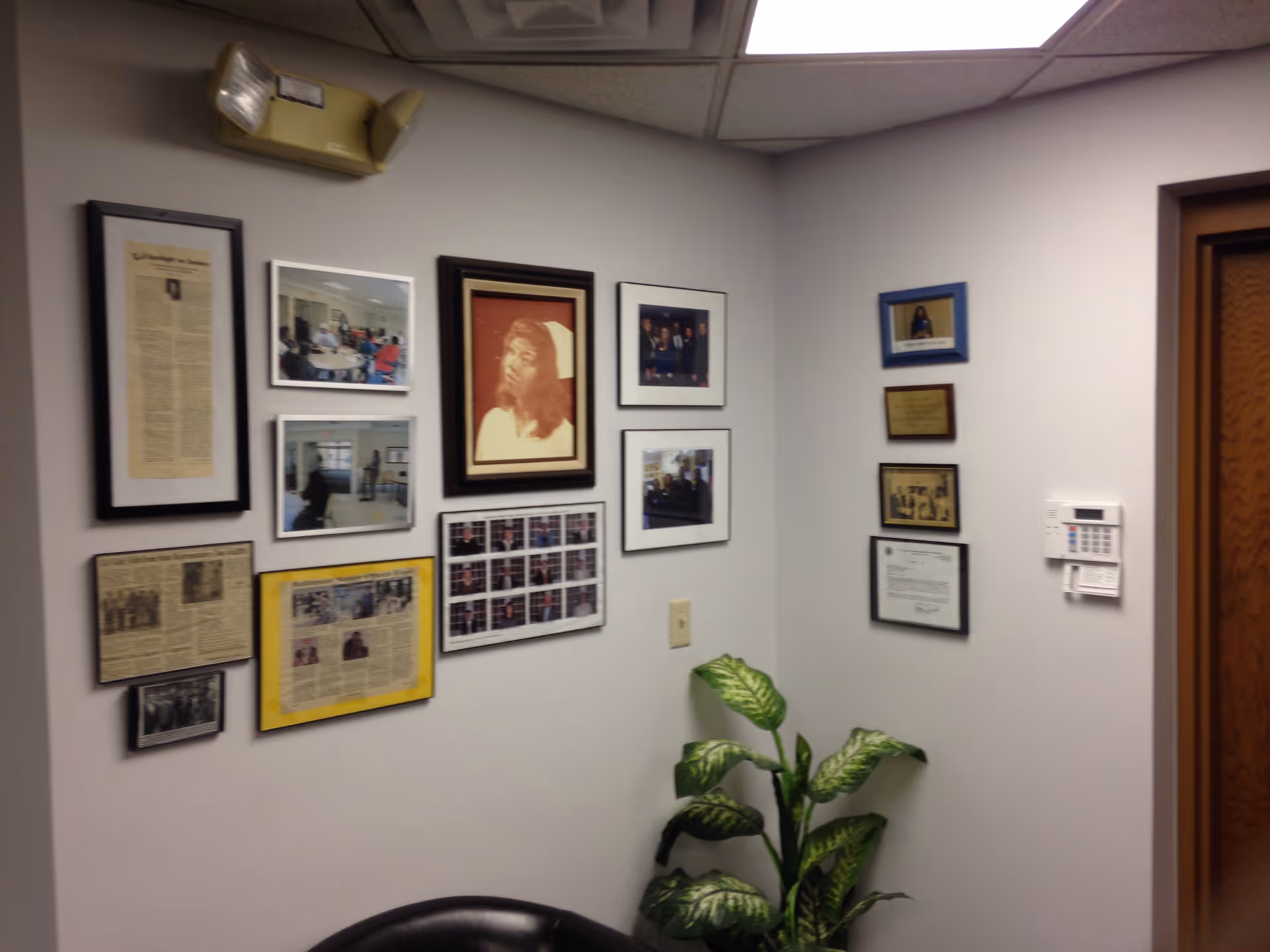 Interior hallway wall with framed photos, certificates, and a tall green plant.