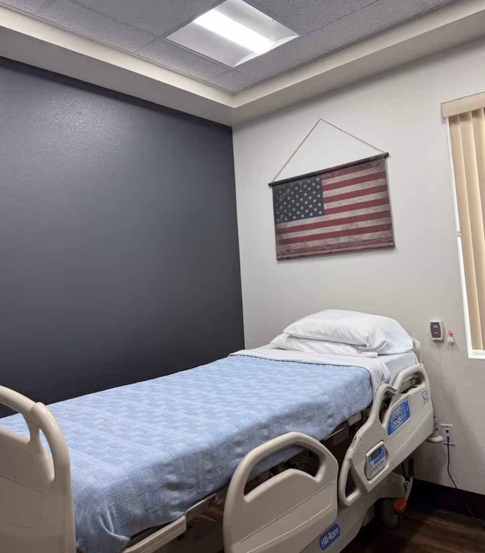 Hospital-style bed in a small patient room with an American flag wall hanging.