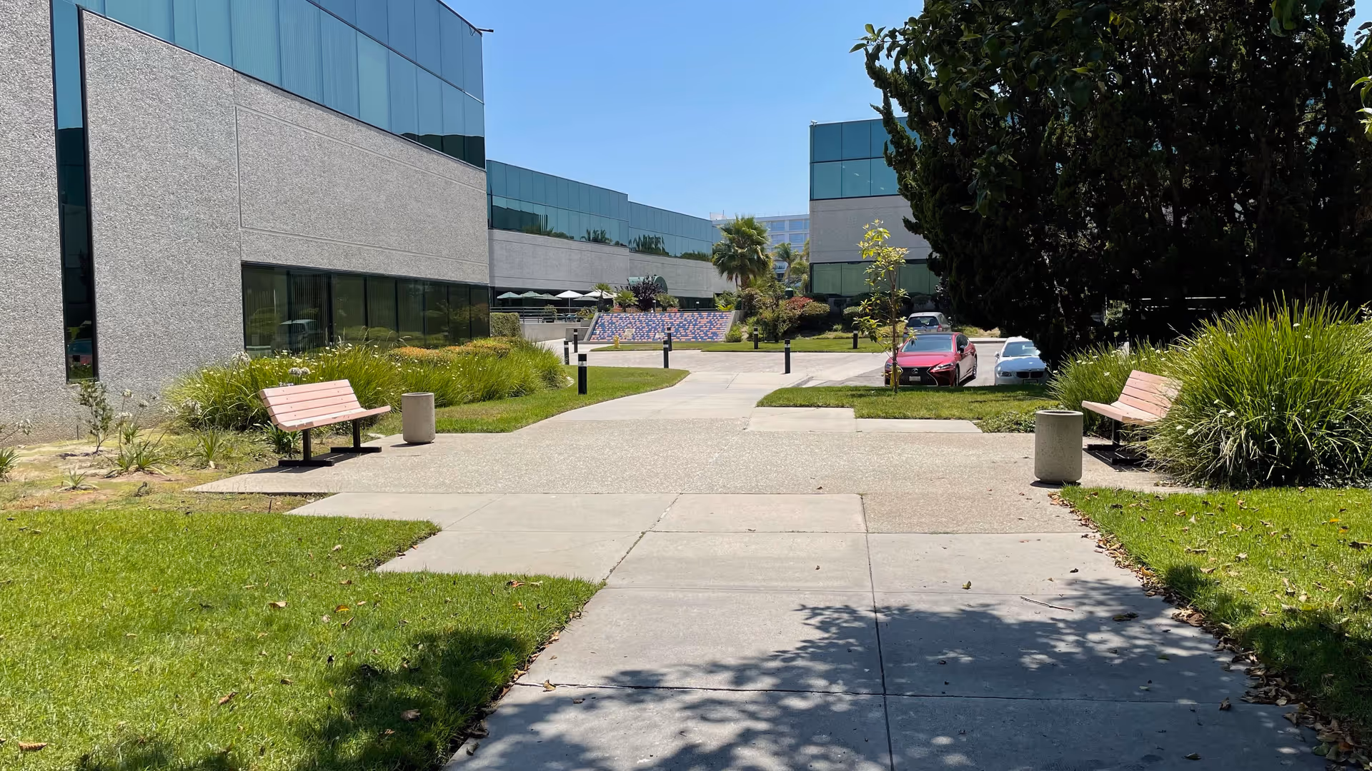 Outdoor walkway with benches and landscaping beside a modern building under a sunny sky.