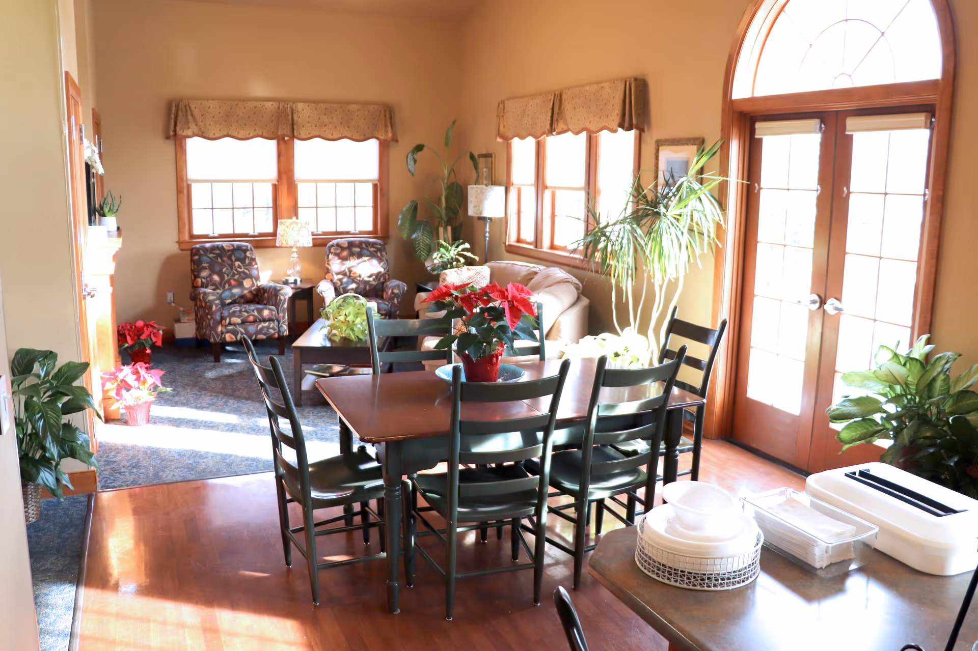Sunlit interior common area with dining table, green chairs, and potted plants.