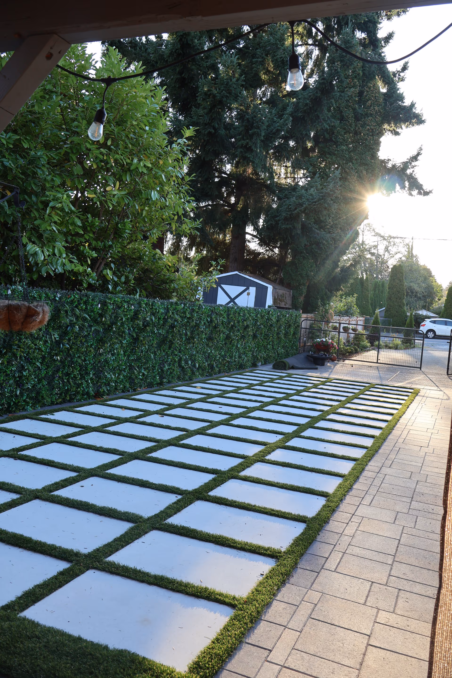 Outdoor pathway with square concrete stepping stones separated by grass, bordered by hedges and trees.