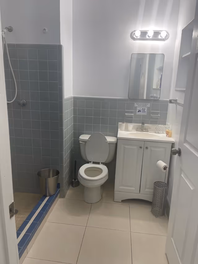 Small bathroom with toilet, sink, mirror, and tiled shower area.