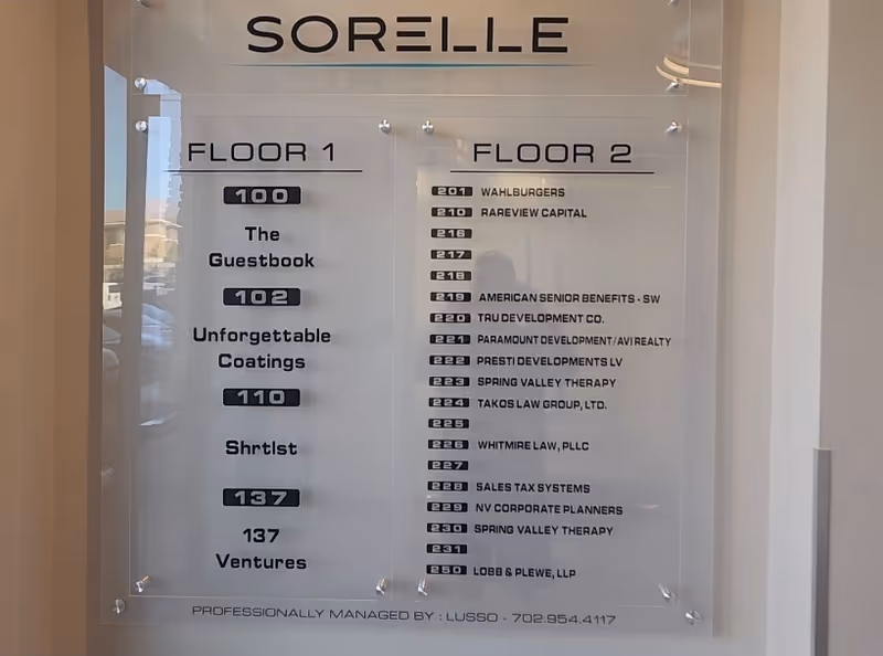 Interior directory sign listing Floor 1 and Floor 2 tenants, including American Senior Benefits SW