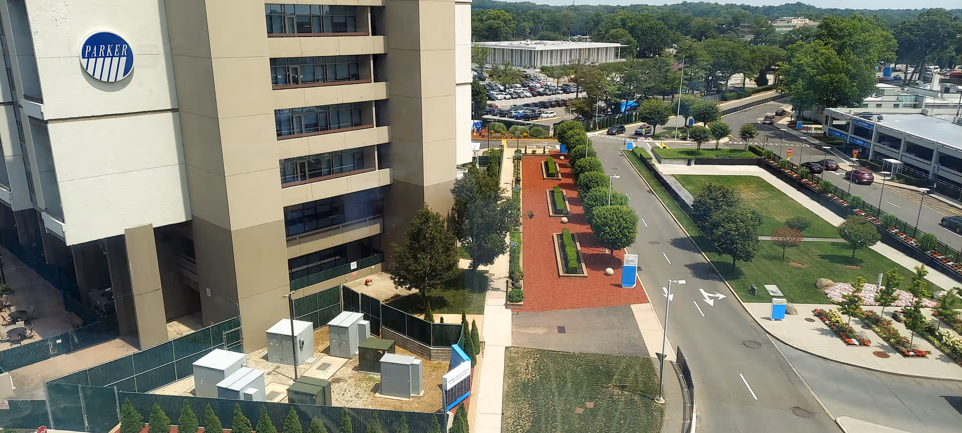 Aerial view of Parker Jewish Institute building and landscaped outdoor campus.