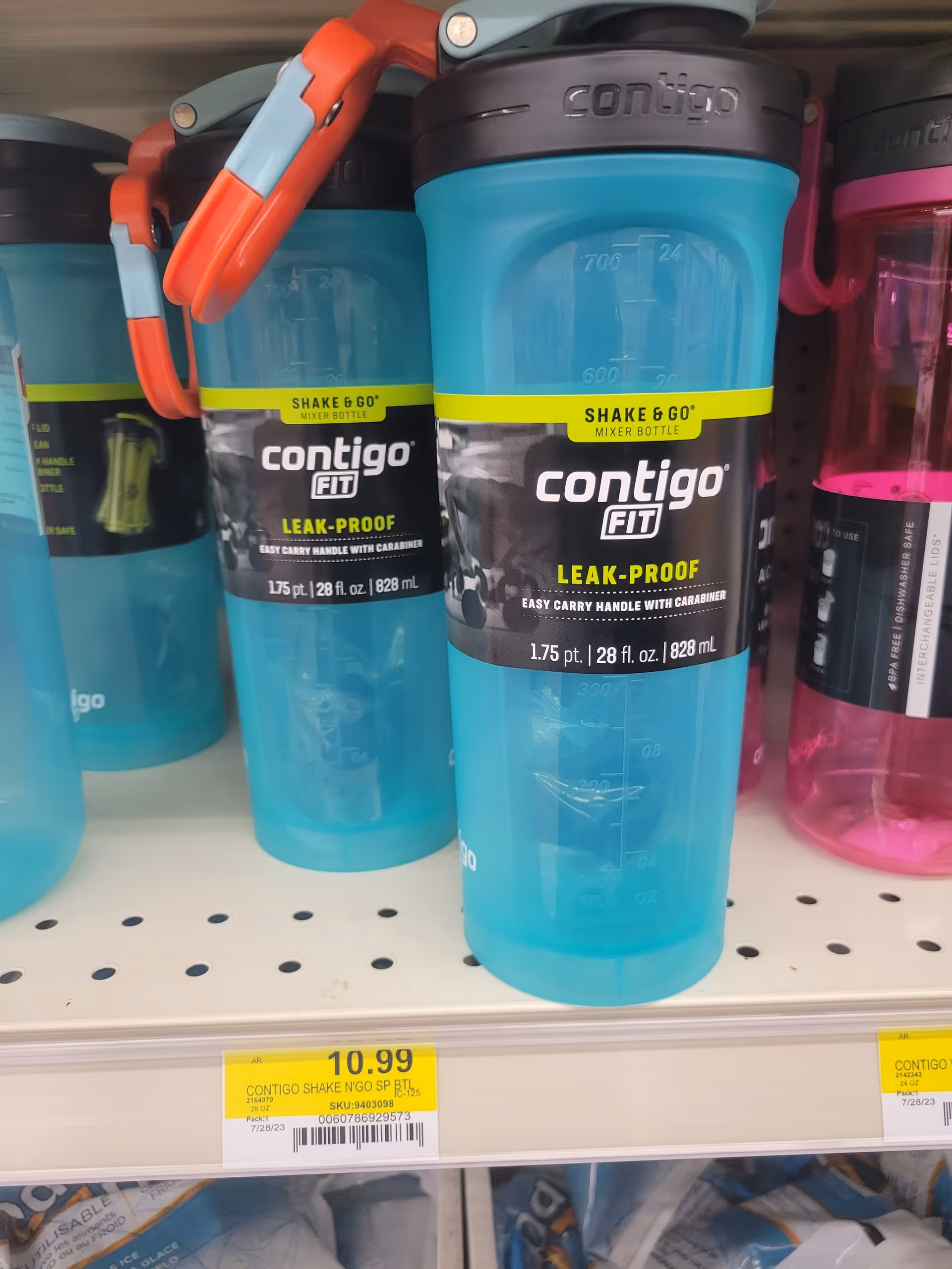 Blue Contigo Shake & Go water bottles on a store shelf with price tag