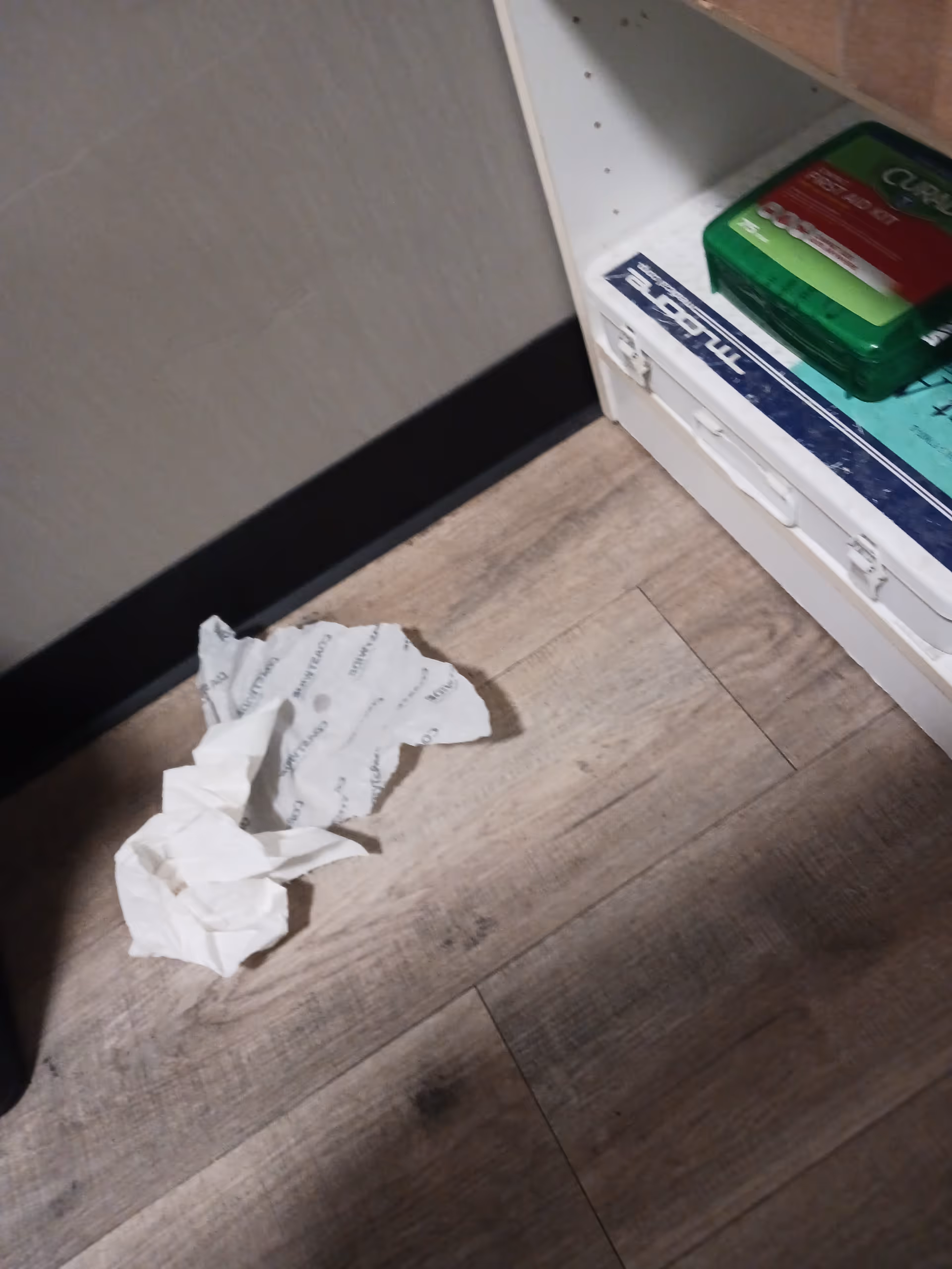 Crumbled tissue on wood floor beside white cabinet with cleaning supplies.