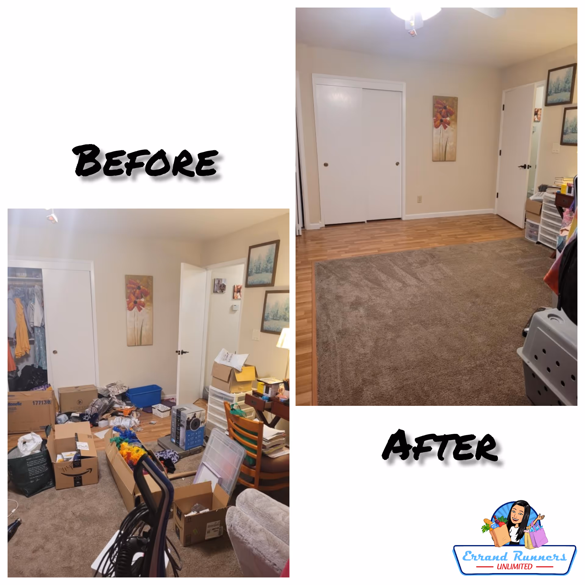 Before-and-after collage of a cluttered room vs. a cleaned, organized space.