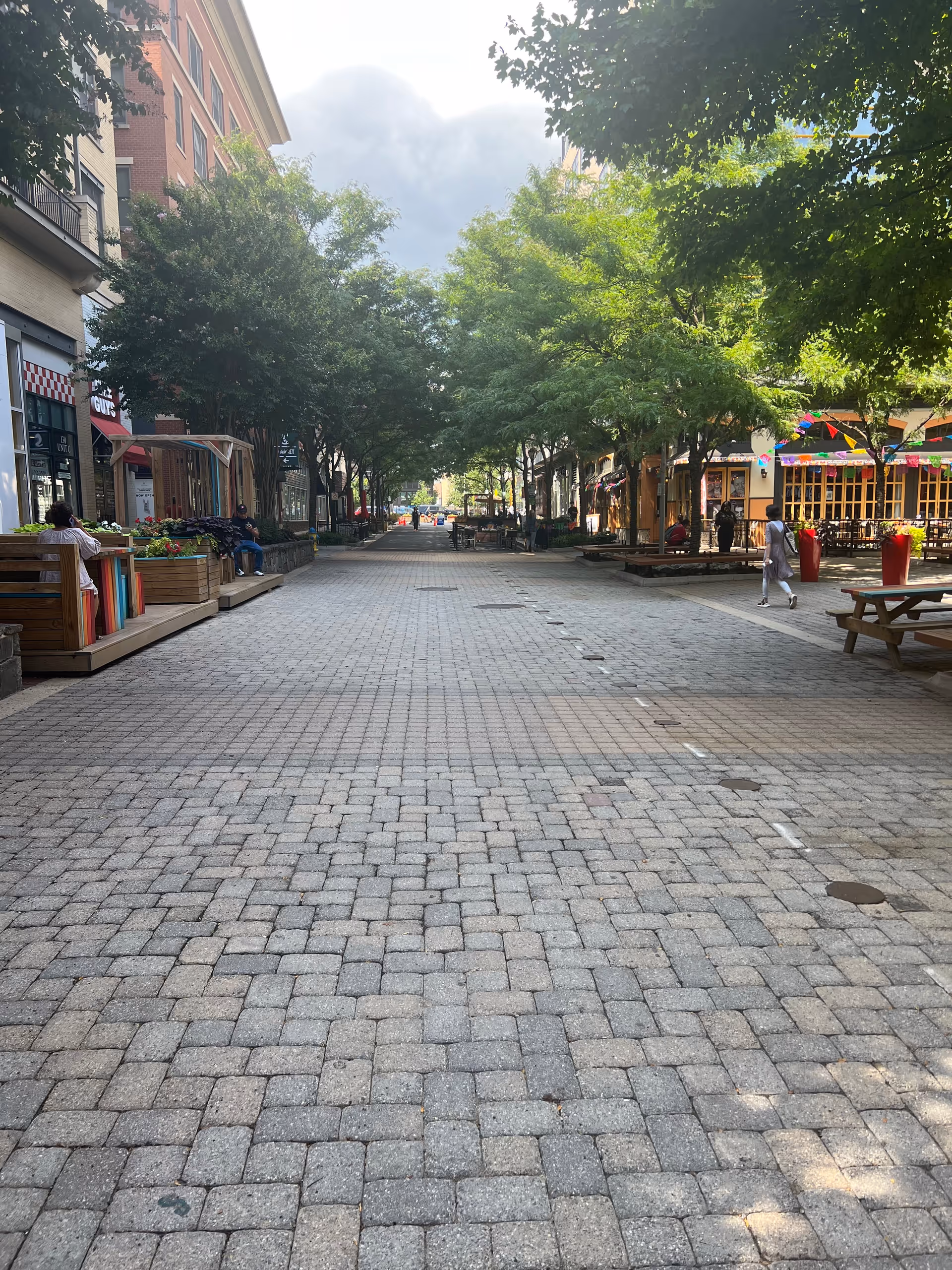 Tree-lined pedestrian street with shops, outdoor seating, and benches.
