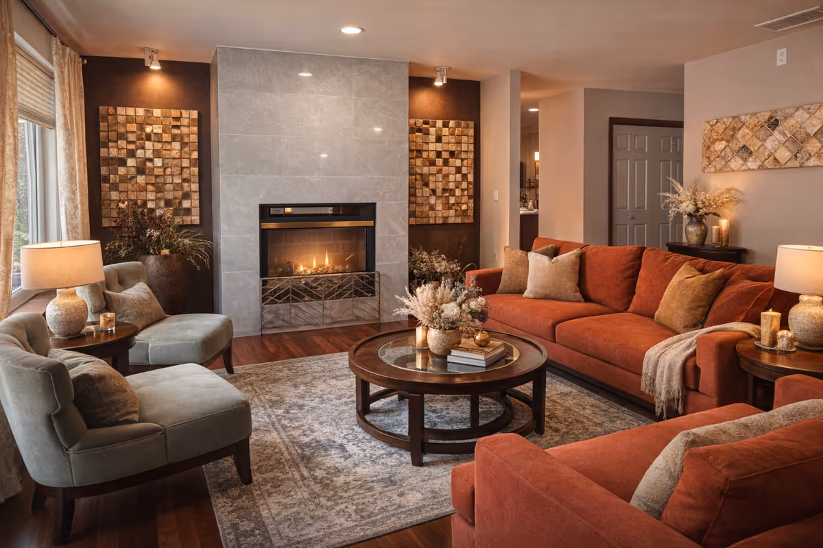 Cozy living room in a senior facility with a fireplace and warm seating