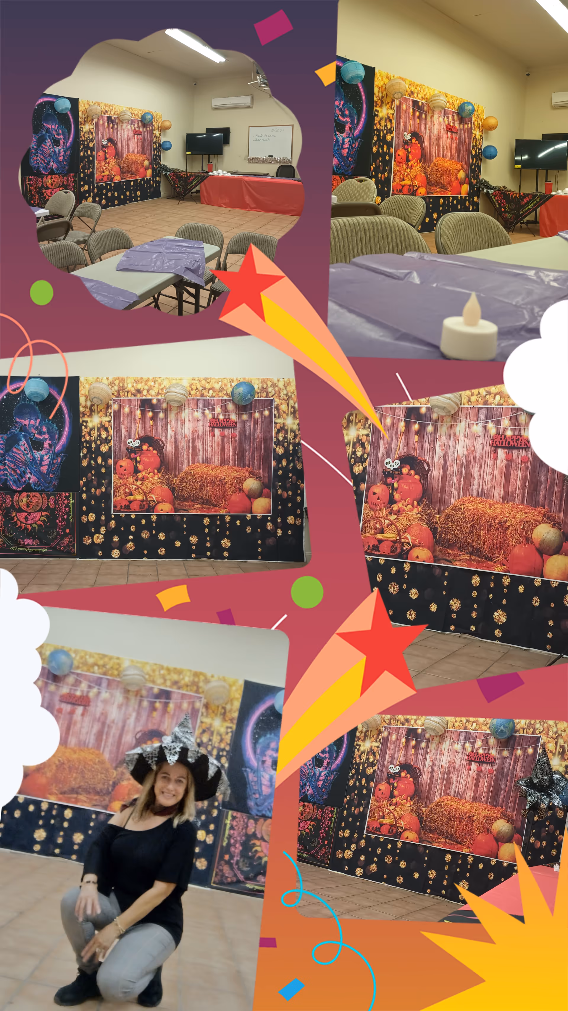 Interior event room with colorful backdrops, tables, chairs, balloons, and a person wearing a witch hat.