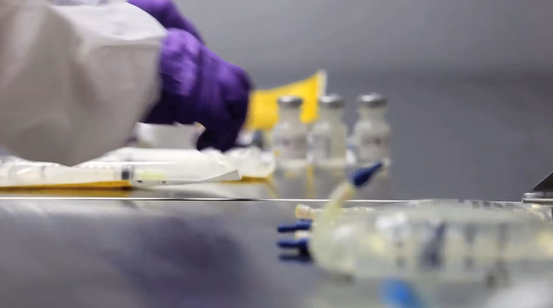 Purple-gloved hand at a clinical lab bench with syringes and vials.
