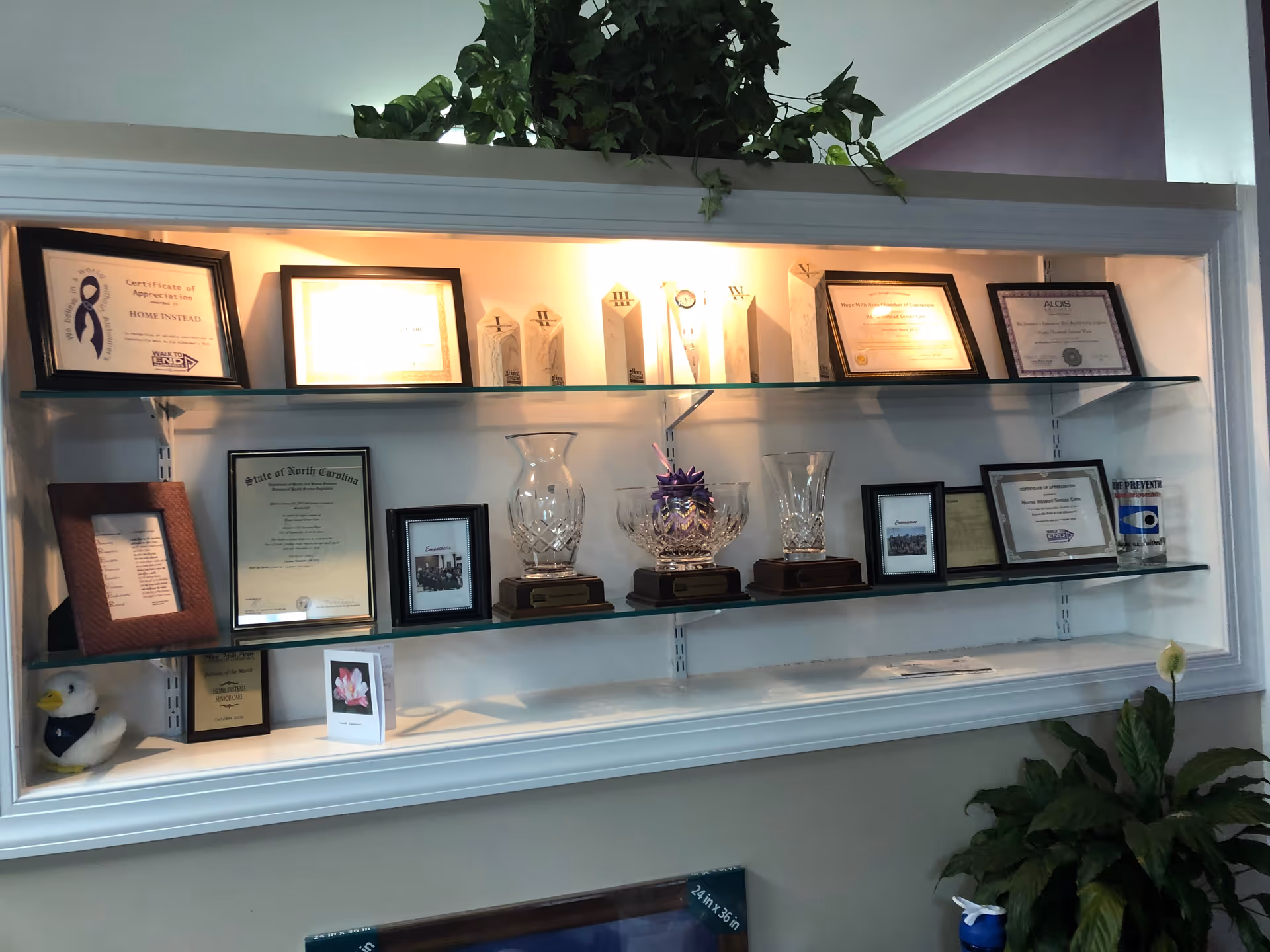Wall-mounted glass display case with awards, certificates, and trophies in a lobby.