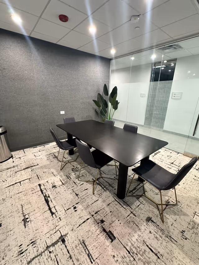 Modern meeting room with a black table, six chairs, glass walls, and a plant.