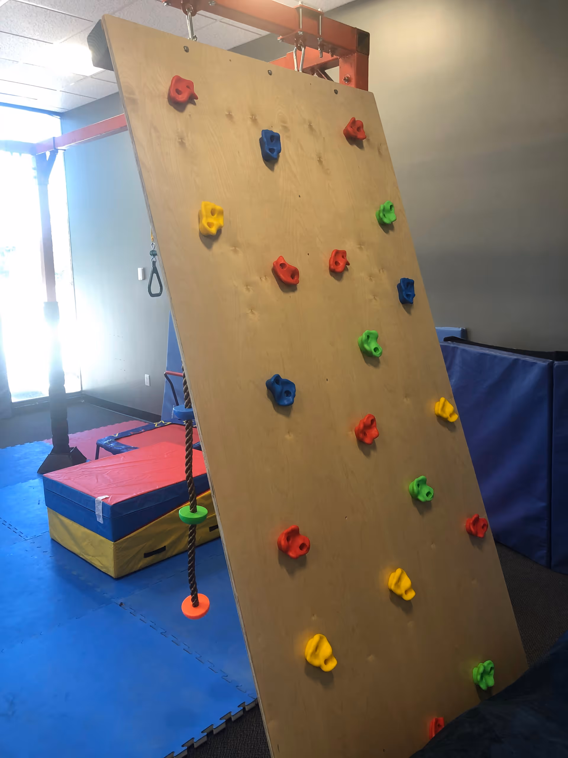 Indoor pediatric therapy room with a climbing wall and colorful holds.