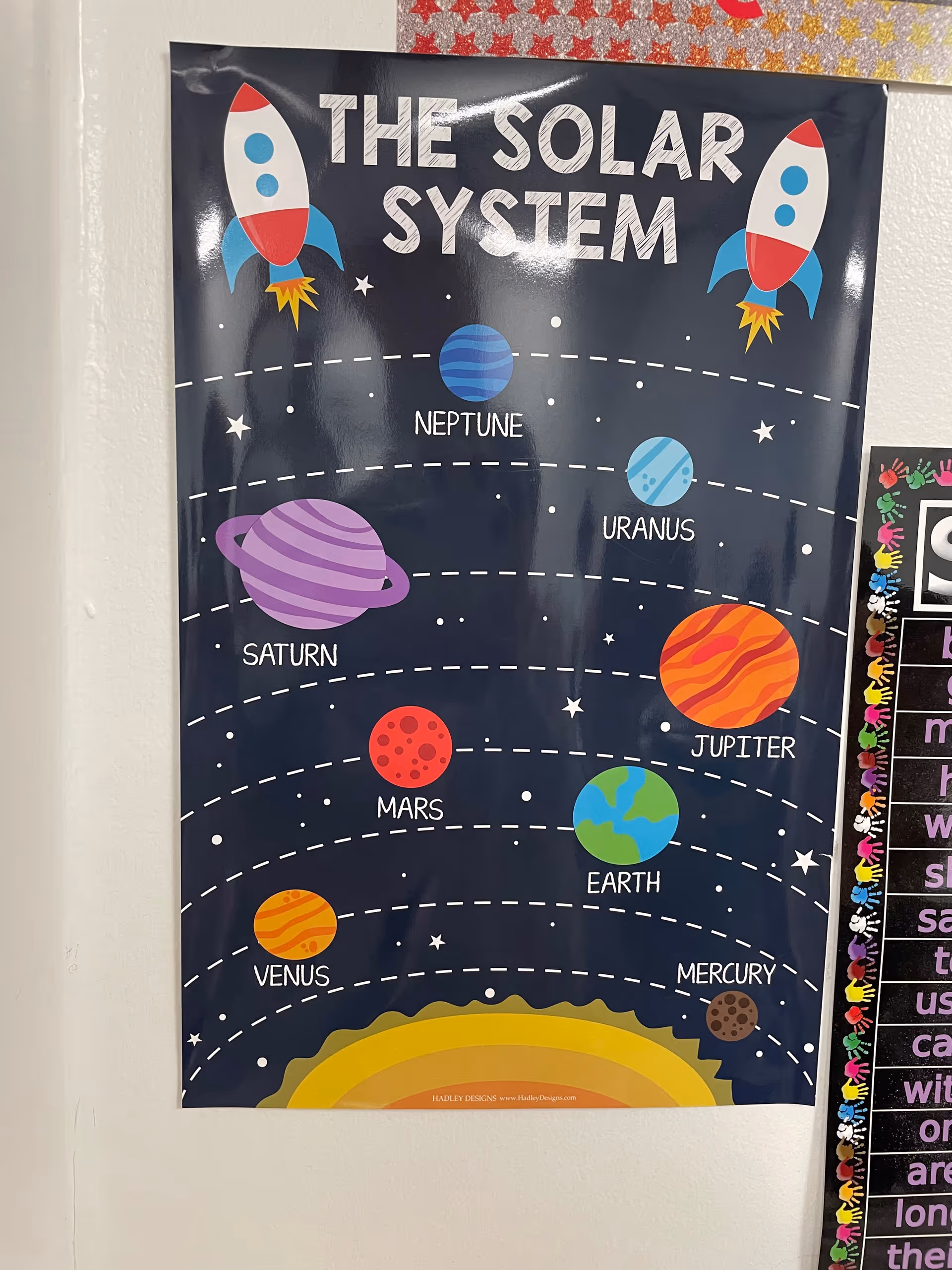Colorful solar system poster with rockets and labeled planets on a wall