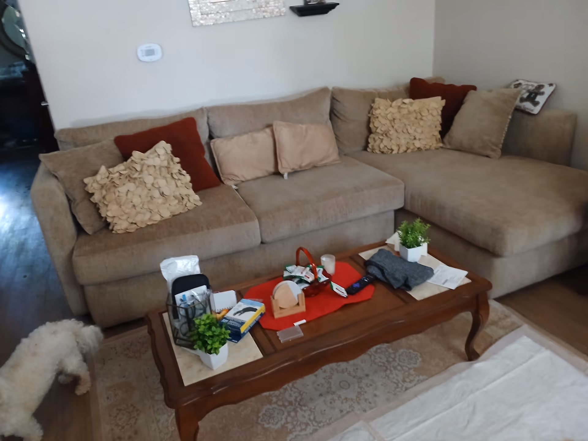A beige sectional sofa with throw pillows in a cozy living room.