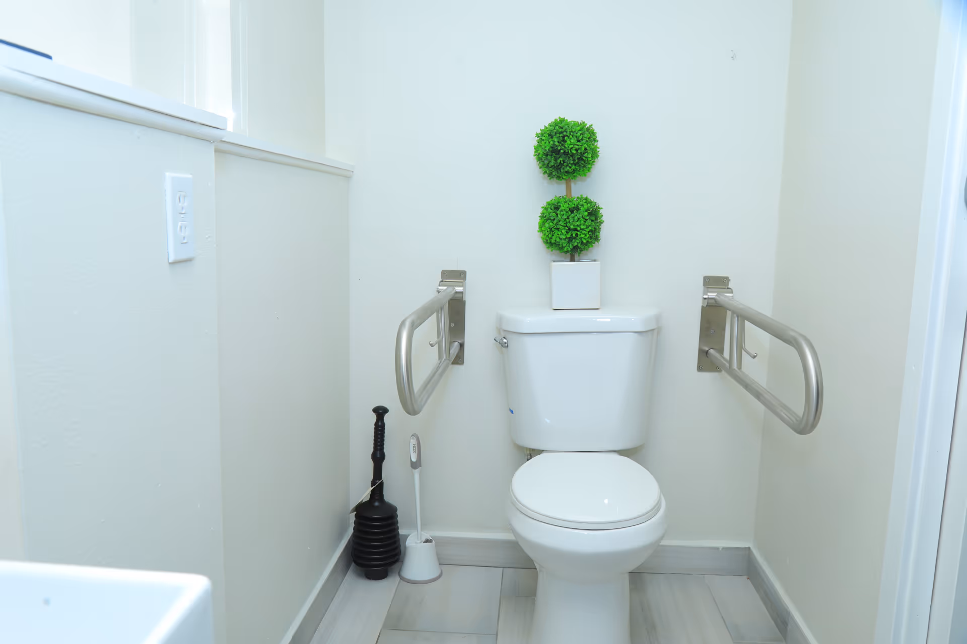 Bright bathroom with toilet, dual grab bars, and a decorative topiary on the tank.