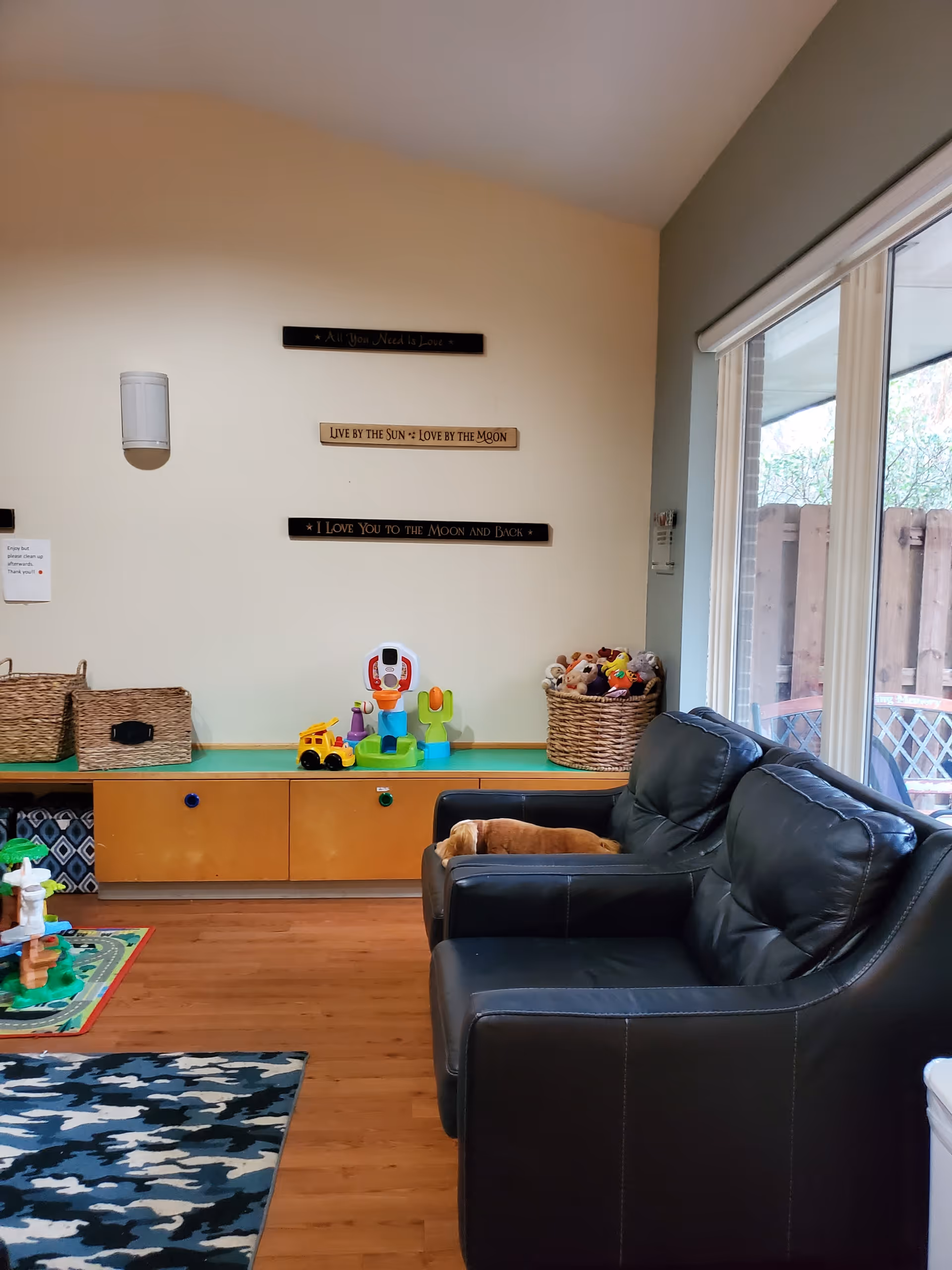 Cozy indoor living area with black leather seating, toys, baskets, and large windows.