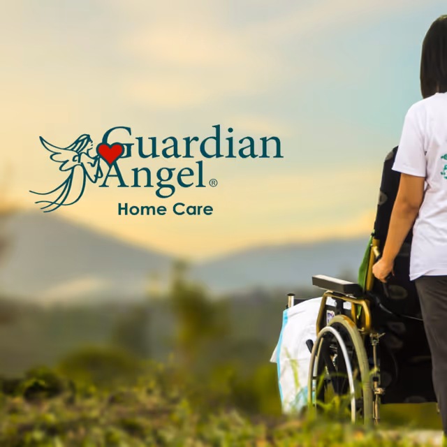 Guardian Angel Home Care logo on an outdoor backdrop with a wheelchair nearby.