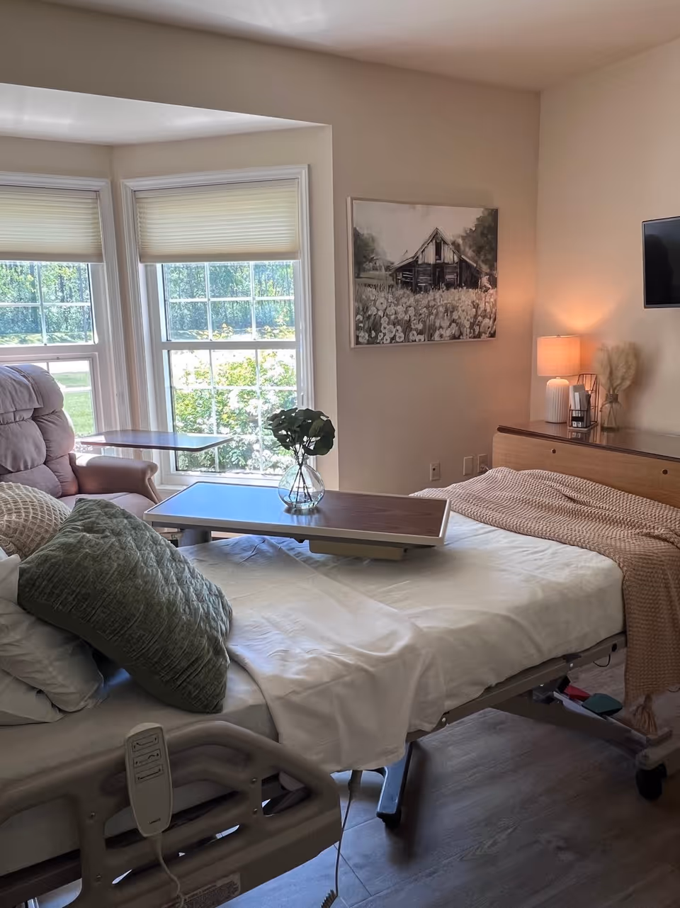 A hospice bedroom with an adjustable bed, windows, a nightstand, and wall art.