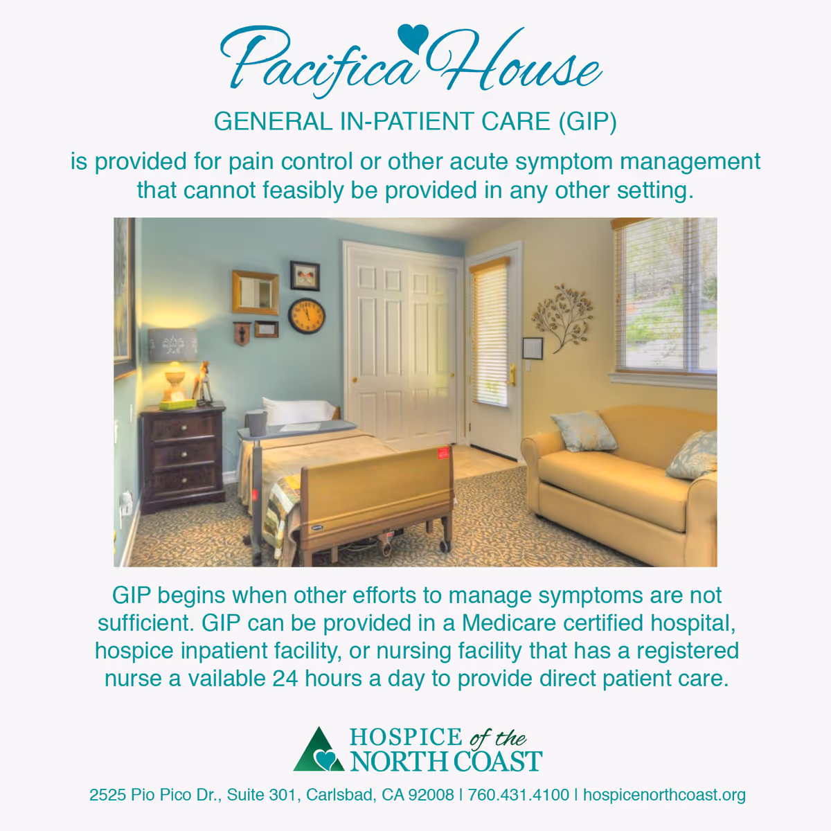 Hospice patient room with bed, sofa, and decor in a soft-colored interior.