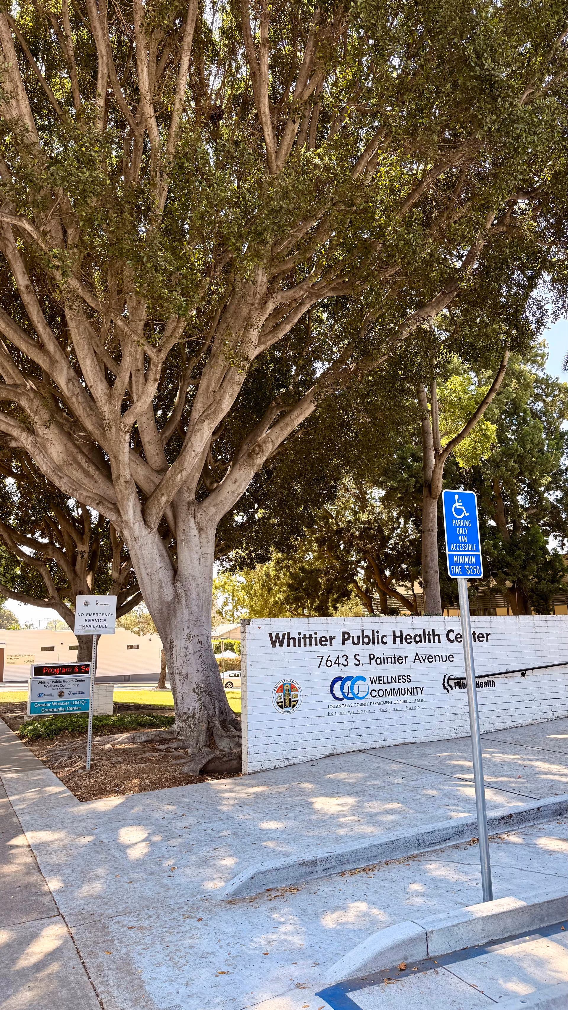 Outdoor sidewalk with large trees and a white brick wall displaying Whittier Public Health Center.