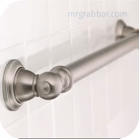 Close-up of a stainless steel bathroom grab bar mounted on white tiled wall.