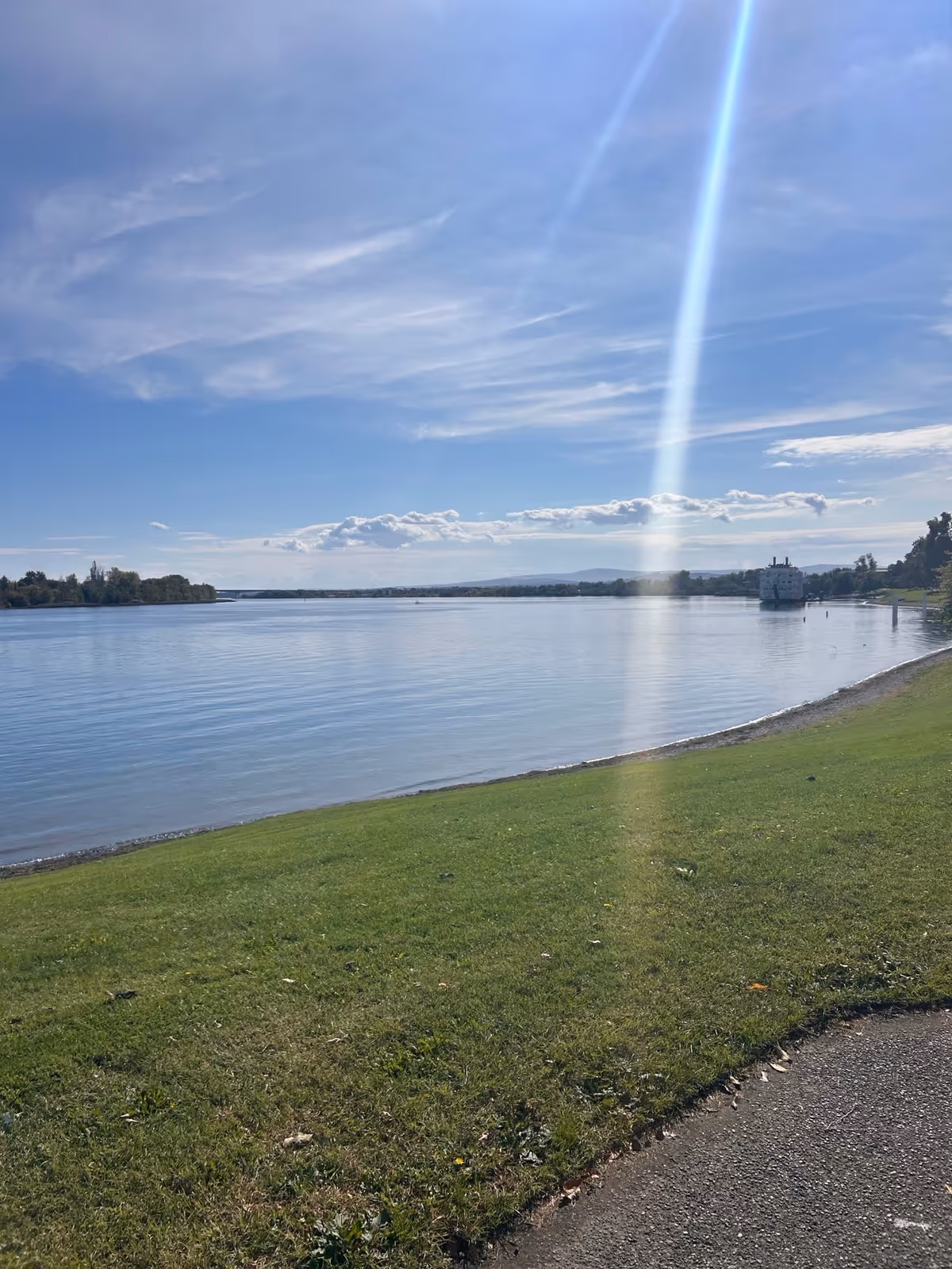 Lakeside park with green grass, a paved path, and calm water under blue sky.