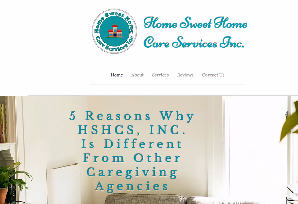 Logo of Home Sweet Home Care Services and a living room with welcoming text on wall.