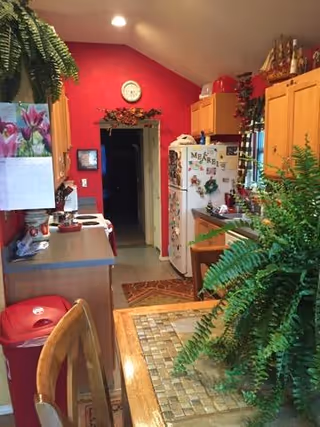 Cozy senior living kitchen with fridge, cabinets, plants, red wall, doorway.