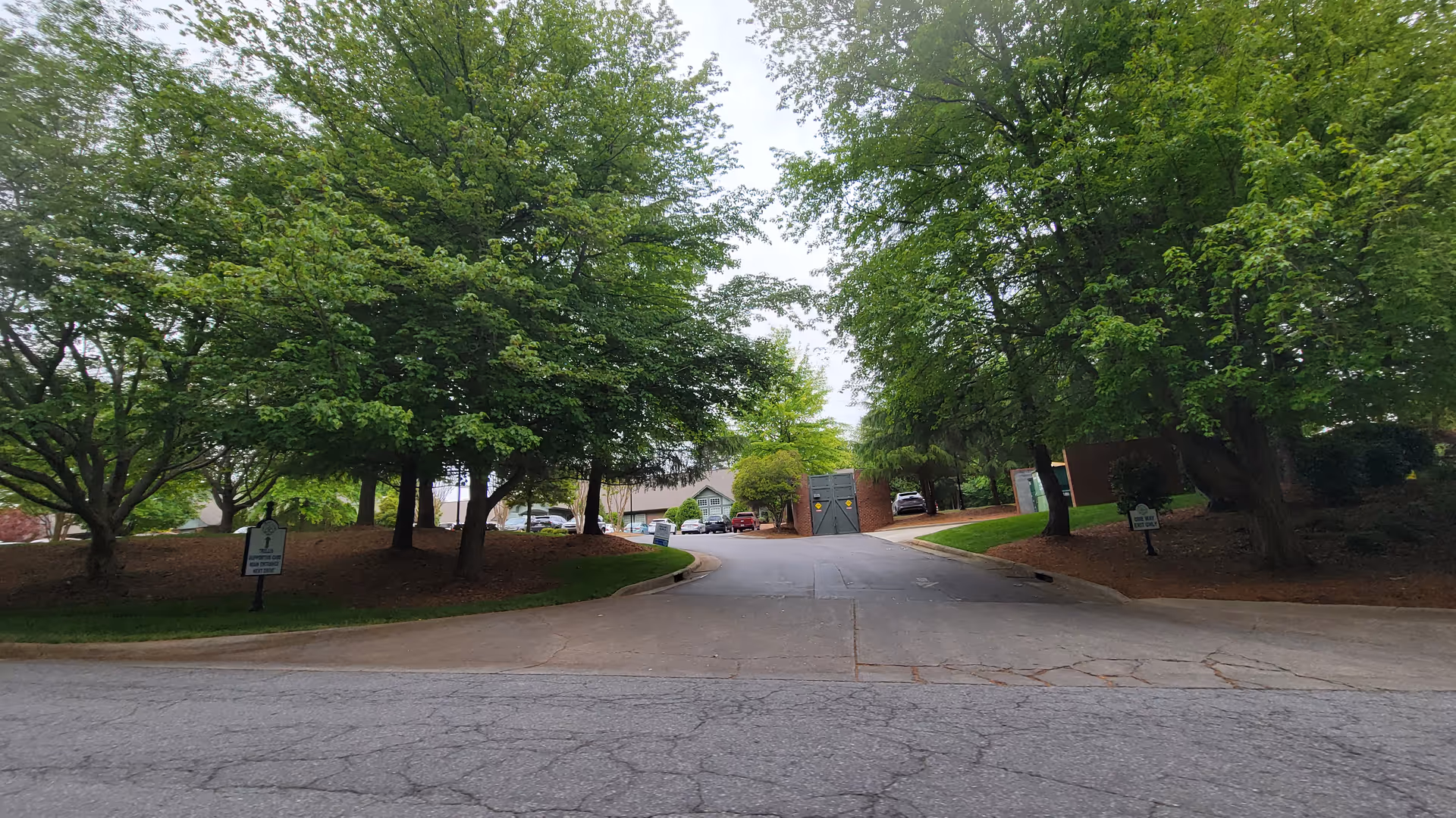 Driveway entrance to Trellis Supportive Care with trees lining the road and parked cars