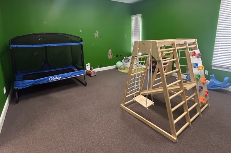Green walls with a playroom featuring a climbing frame, swing, and trampoline.