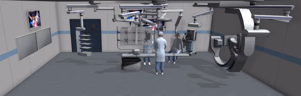 Interior view of a surgical operating room with doctors and overhead equipment.