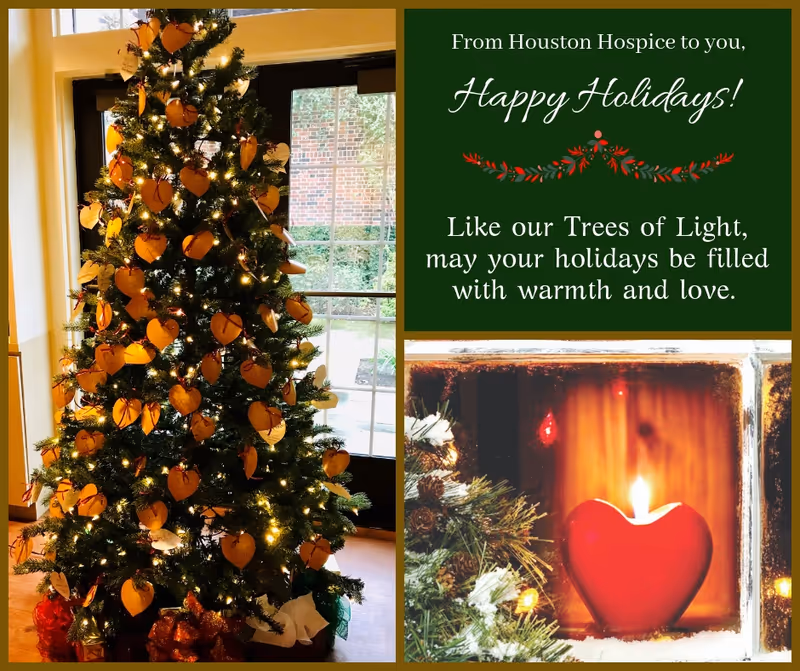 Indoor holiday scene with a Christmas tree, festive sign, and candle-lit hearth.