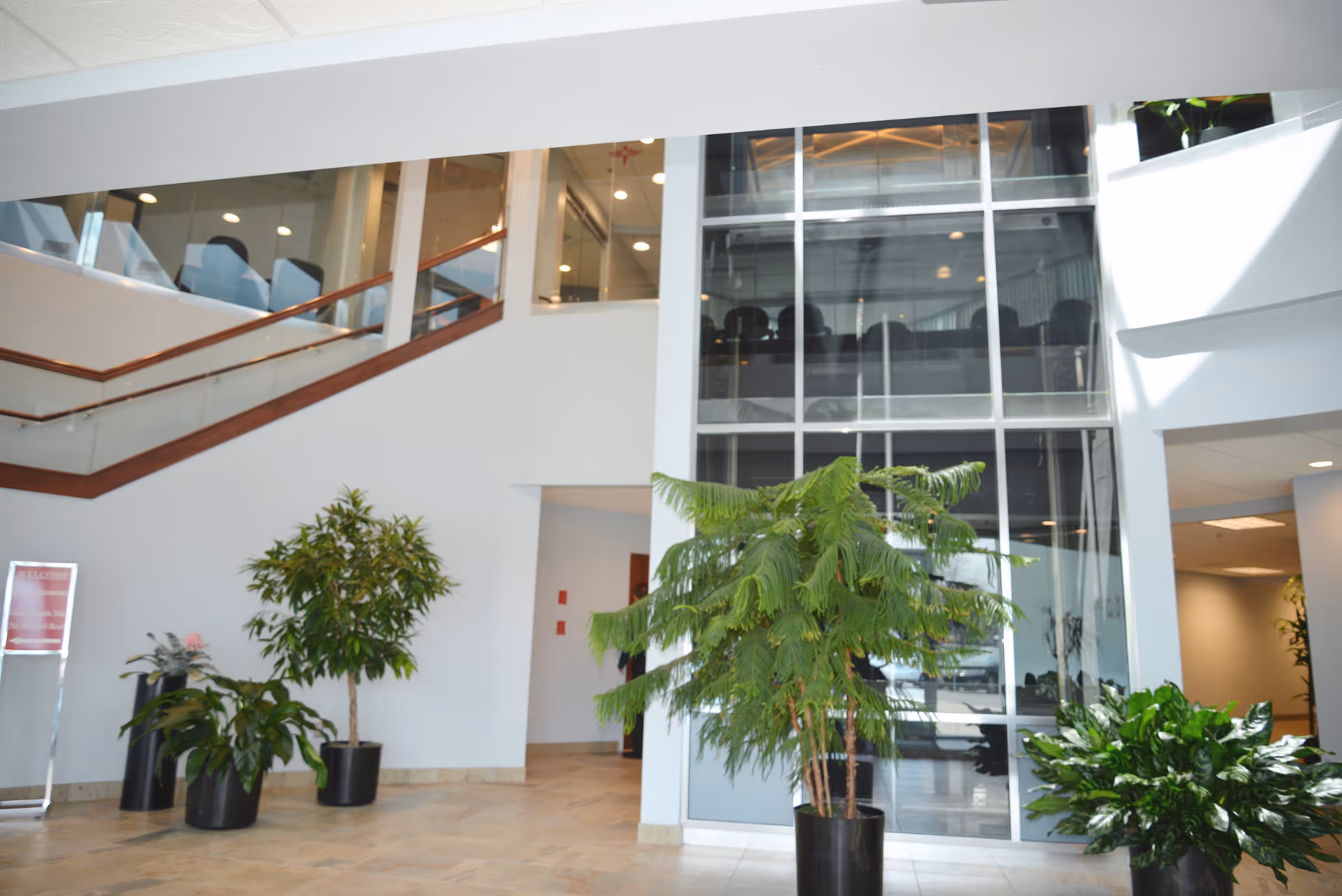 Modern Elara Caring lobby with glass walls, a staircase, and potted plants.