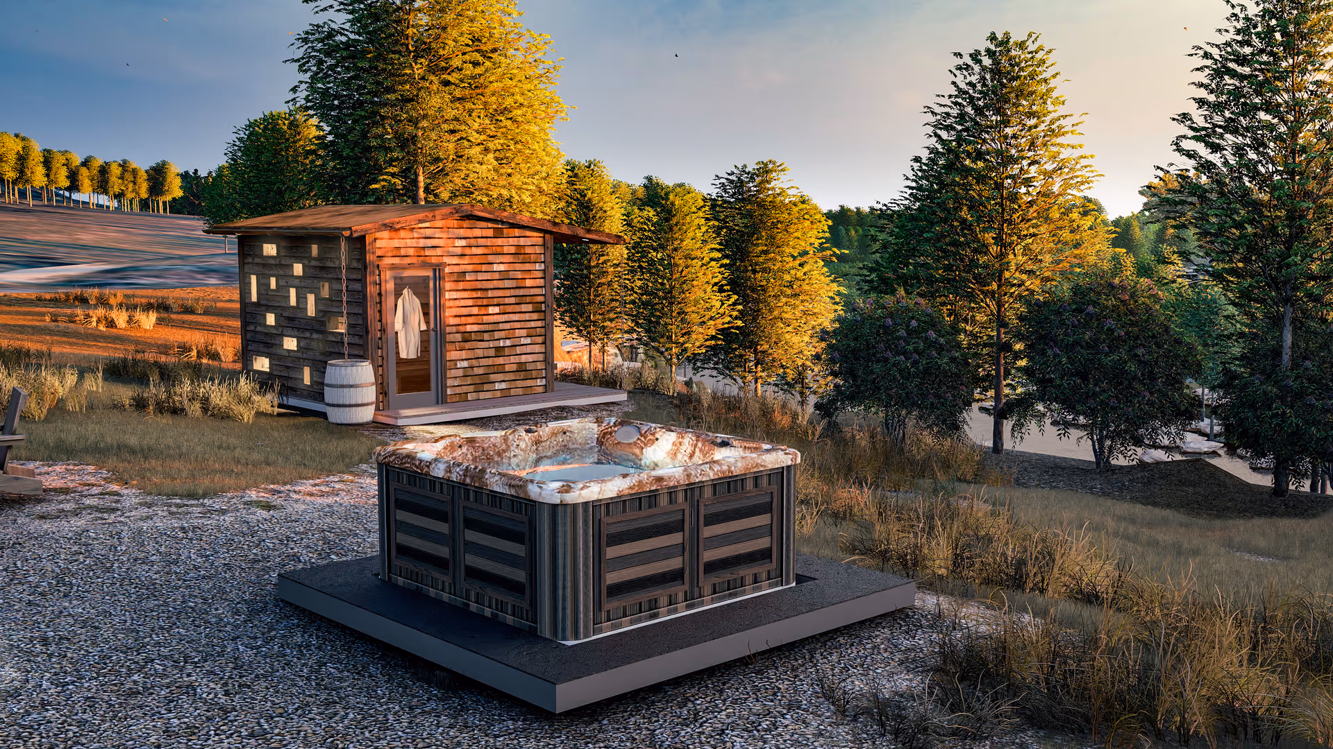 Outdoor sauna with hot tub beside a wooden shed among trees.