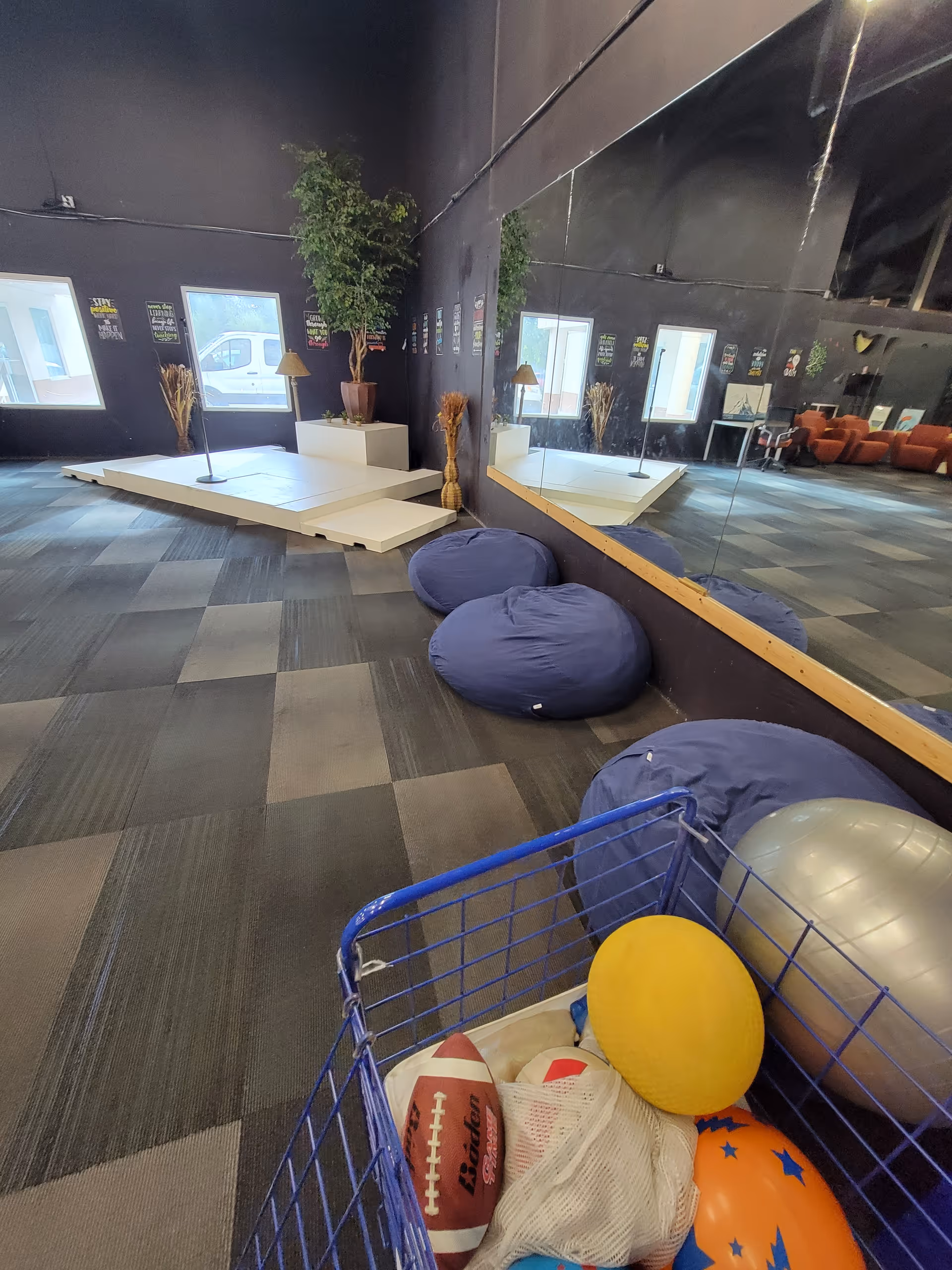 Indoor exercise room with mirrors, gym mats, bean bags, and a cart of balls.
