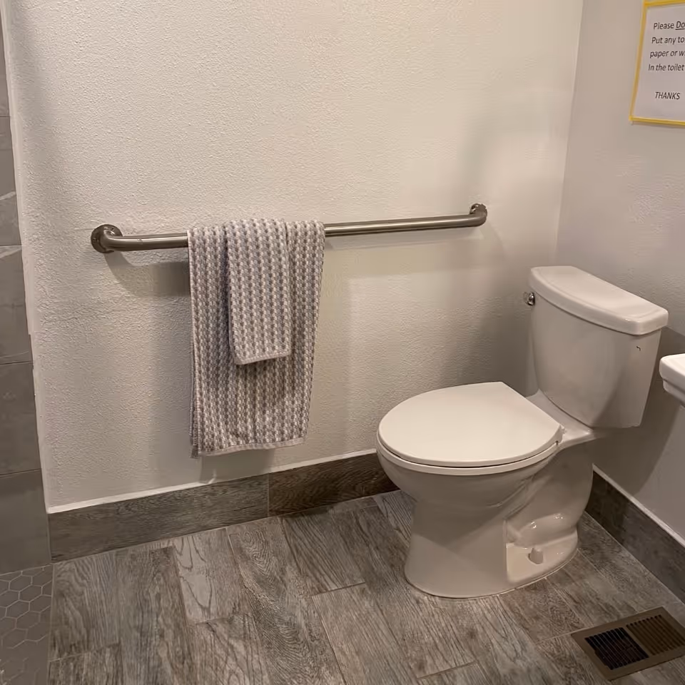 Bathroom interior with a toilet, towel bar, and gray striped towel.